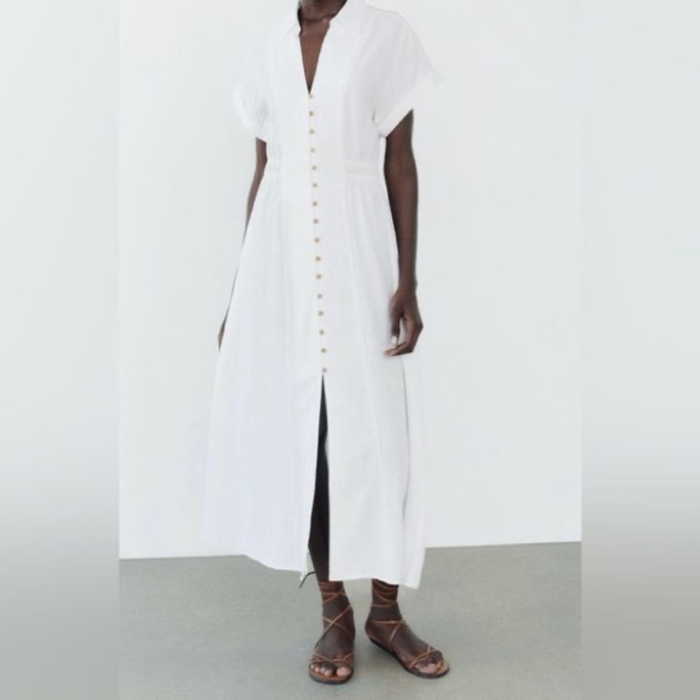 Zara White Button-Front Linen Maxi Shirtdress